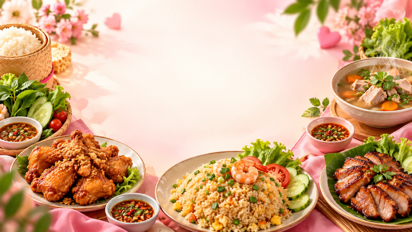 ອາຫານຄອບຄົວຈັດວາງເທິງໂຕະສີບົວ